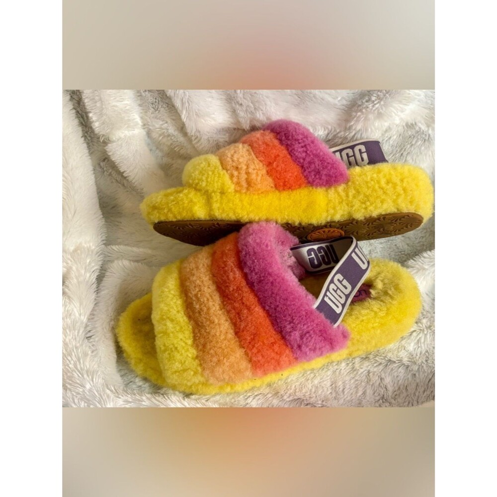 UGG Fluff Yeah Slide Rainbow Pride Shearling Slides Slippers Sz 8